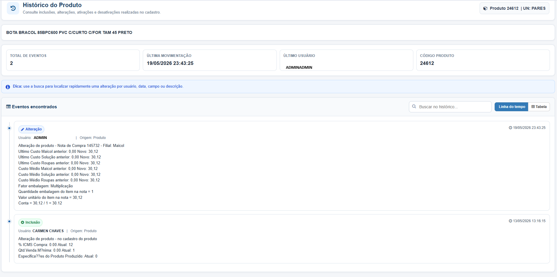 Tela de logs do sistema Zerbmaster