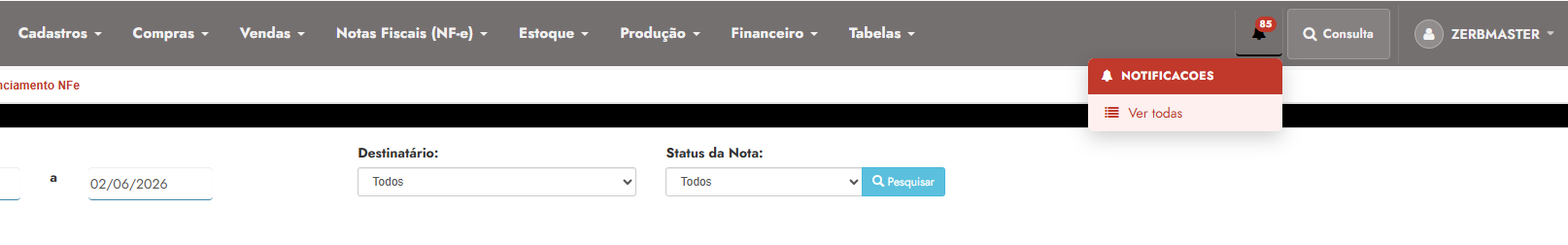Tela de notificações do sistema Zerbmaster